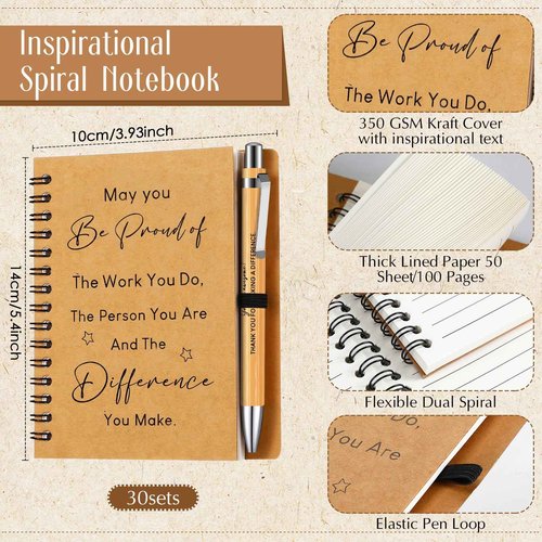 Yeaqee 30 Sets Employee Appreciation Gift Thank You Gifts 30 Pcs Inspirational Spiral Kraft Notebook and 30 Pcs Motivational Bamboo Pen Retractable Wooden Pen for Colleague Employee Nurse Teacher