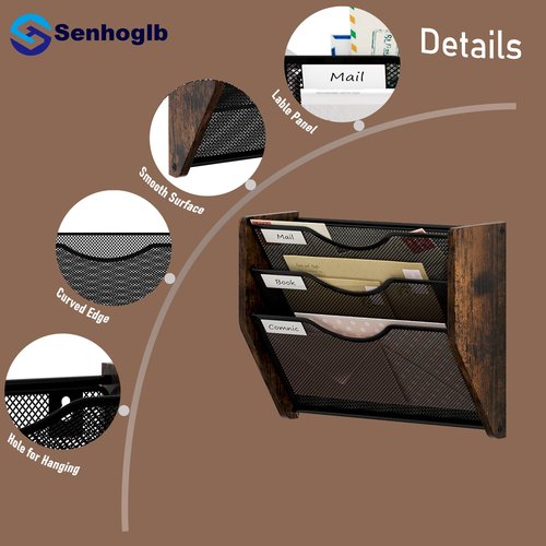 Senhoglb Mesh Hanging Wall File Organizer, 3-Tier File Holder Wall Mounted Magazine Rack With Pockets Wood Document Storage Mail Organizer for Office Home, Antique Brown