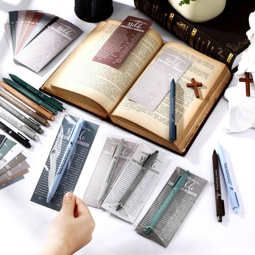 Feifeiya 200 Set Christian Church Gifts 200 Bible Verse Pens Bulk 200 Bible Emergency Numbers Bookmarks Religious Pens Church Visitors Gifts for Men Women(Boho Colors,Classic Style)