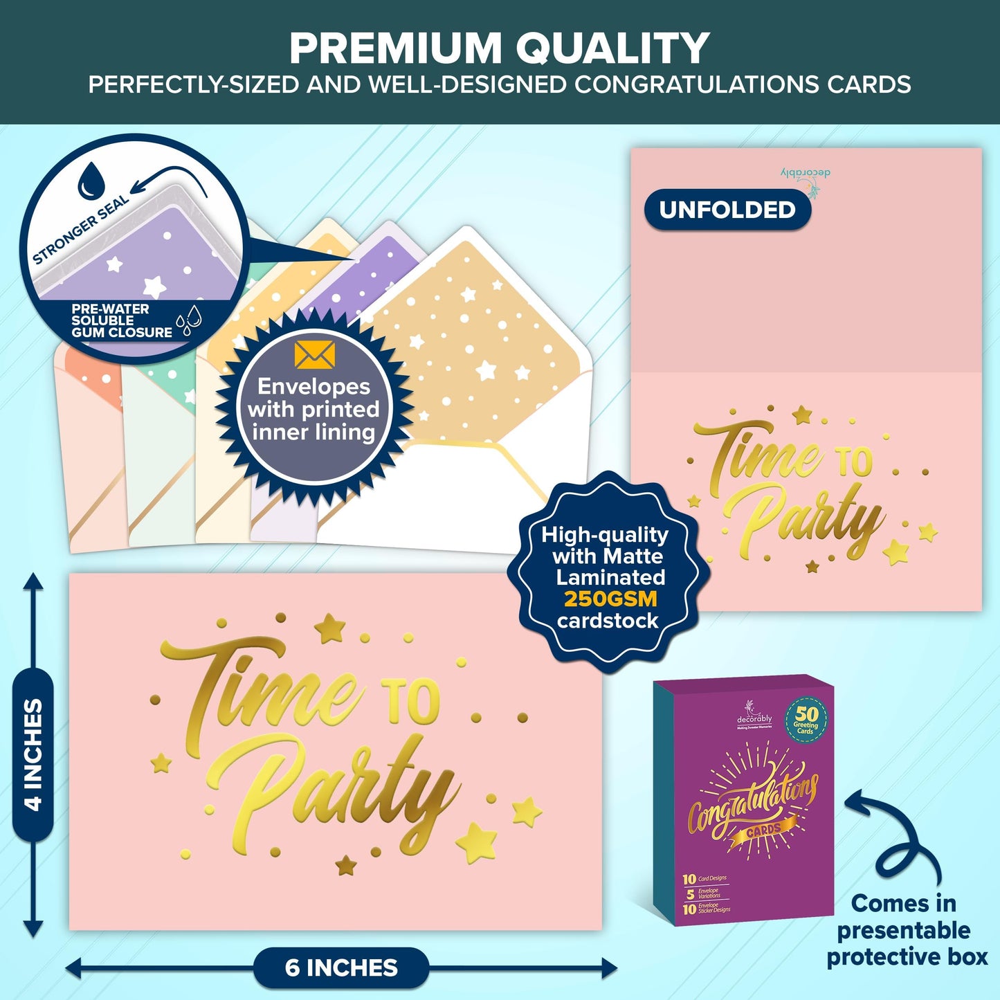 Decorably 50 Pack Gold-Foiled 6x4in Congratulations Cards with Envelopes & Stickers, 10 Elegant Designs, Blank Inside - Graduation, Engagement, Weddings, Milestones, Achievements, Gifting, Mailing