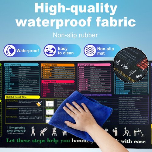 LOHACKASY Waterproof Excel Cheat Sheet Desk Pad, Large XL Gaming Mousepad|Office Keyboard Pad|Computer Mat with Excel Shortcuts (31.5"x11.8") (Excel-05, 31.5"x11.8")