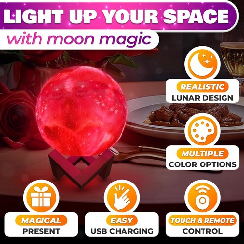 LED Galaxy Lamp - 16 Colors & 4 Modes | Mesmerizing 3D Moon Light with Touch & Remote Control, USB Charging