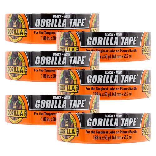 Gorilla Duct Tape, Black Tape, 1.88" x 50 yd (Pack of 6) - Heavy Duty and Weather Resistant for Indoor or Outdoor