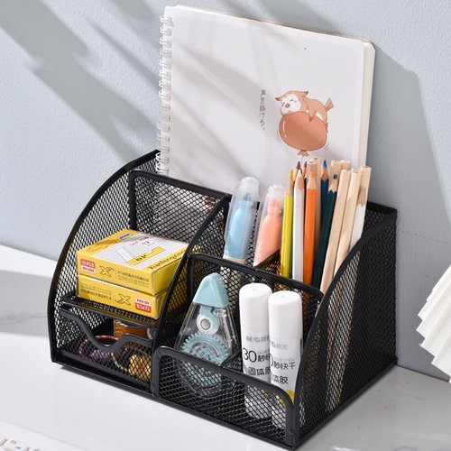 Rkqoa Black Mesh Pen Holder and Organizer Office Supplies with 7 Compartments, Desktop Organizer with Drawer, Metal Pen Holder for Desk, ‎9.1" x 5.9" x 5.5''