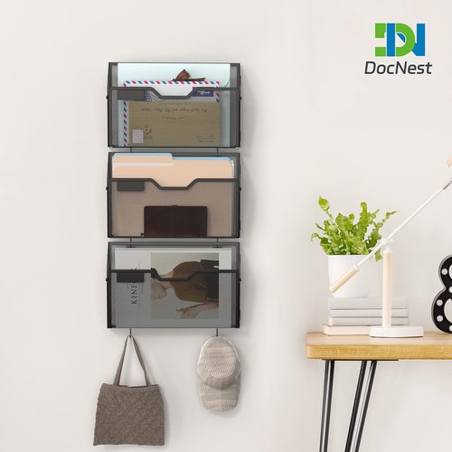 Docnest Wall File Holders - 6 Pack Mesh Document Organizers with Hooks for Office & Home - Black