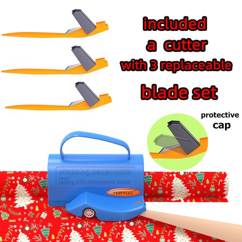 PERFYCUT Wrapping Paper Cutter with 3 Replaceable Blade Sets for Birthday Paper Gift Wrapping Paper Roll Cutter with Handle Christmas Wrapping Paper Cutter Tool Tube Holder Slidding Slicing.