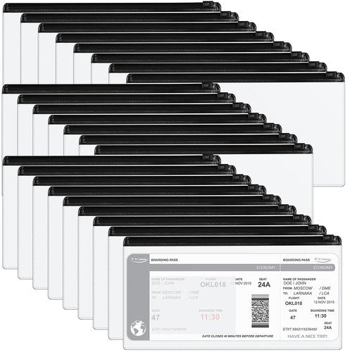Marspark 100 Pieces Clear Pencil Case Zipper Envelope Bulk with Label Pocket Clear Plastic Envelopes with Zippered, A6 Pencil Bags for Cash, School Office Supplies, 9.2 x 4.7 Inches(Black)