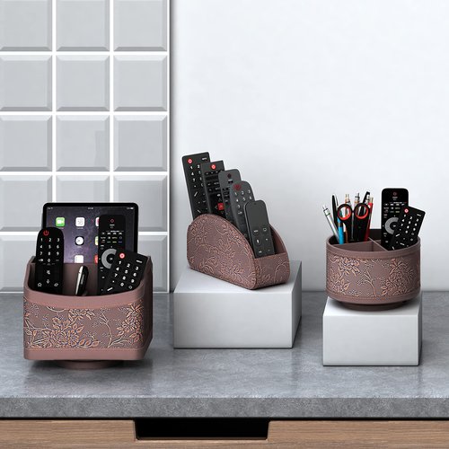 Thipoten Remote Control Holder for Table, Leather Turntable/Organizer/Caddy for Holding TV Controllers, Phone, and Office Supplies, Perfect Space Saver for End Table/Nightstand/Office Desk(Retro)