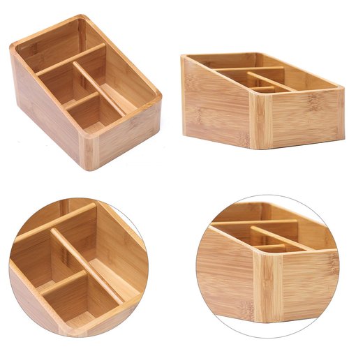 VolksRose Desk Remote Control Holder Multi-Function Coffee Table Office Supplies Storage Organizer, Home Sundries Bamboo Storage Box with 4 Compartments - Perfect for Makeup, TV Guide, iPad, Caddy #3