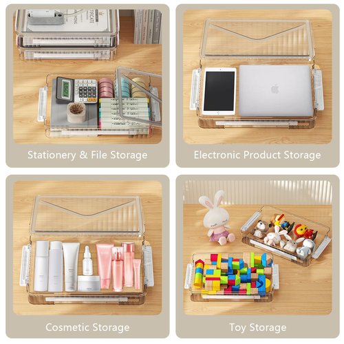 SAYEEC Clear File Storage Box Portable Project Case with Handle Plastic Storage Container with Lid Stackable Flat Storage Bin Document Magazine Protector Organizer for A4 Paper Photo Craft Scrapbook