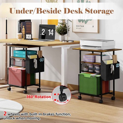 Rolling File Cabinet with Extended Desktop,2 Drawer Small File Cabinet for Home Office,Under Desk Storage with Side Bag,Filing Cabinet Cart File Folder Organizer with Wheels,Printer Stand Storage Cart