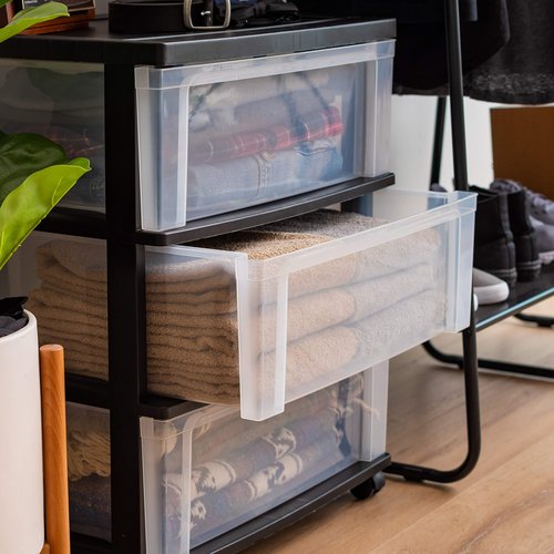 IRIS USA Plastic Drawer Storage Organizer Rolling Cart, with Wheels Casters, 3-Drawers, for Art Craft Supplies Bathroom Dorm Bedroom Laundry Room, Wide, Black