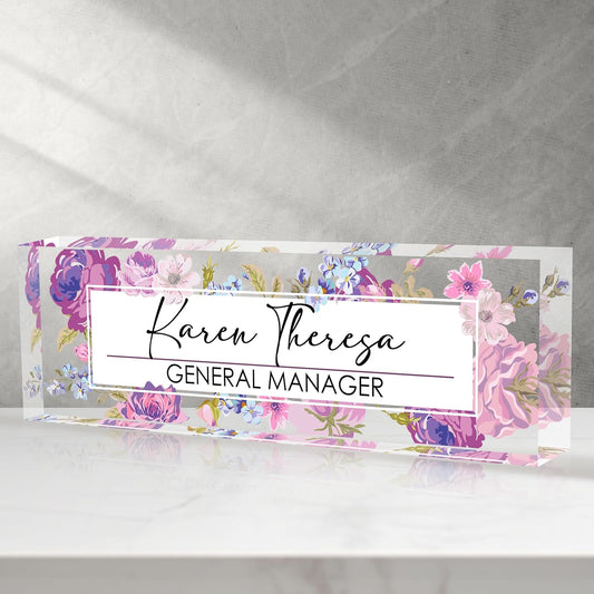 Skiennix Custom Office Name Plate - Personalized Desk Gift for Women, Employees & Teachers | Hundred Flowers Design