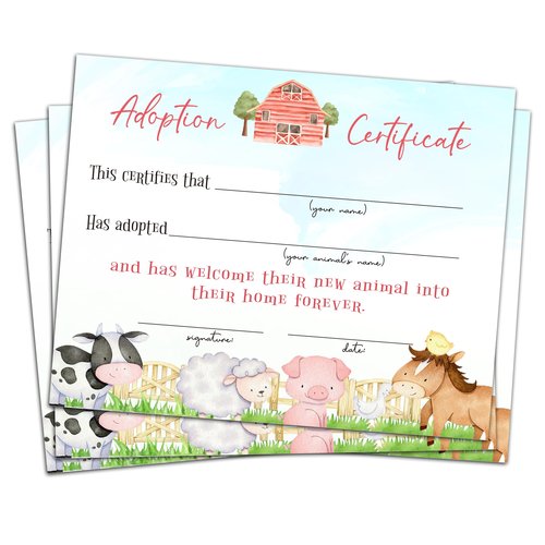 Farm Animals Adoption Certificate -10 Pcs, Adopt an Animal Certificate for Girl Boy, Adopt A Pet Party Favor, Farm Birthday Party Decorations Supplies -A26