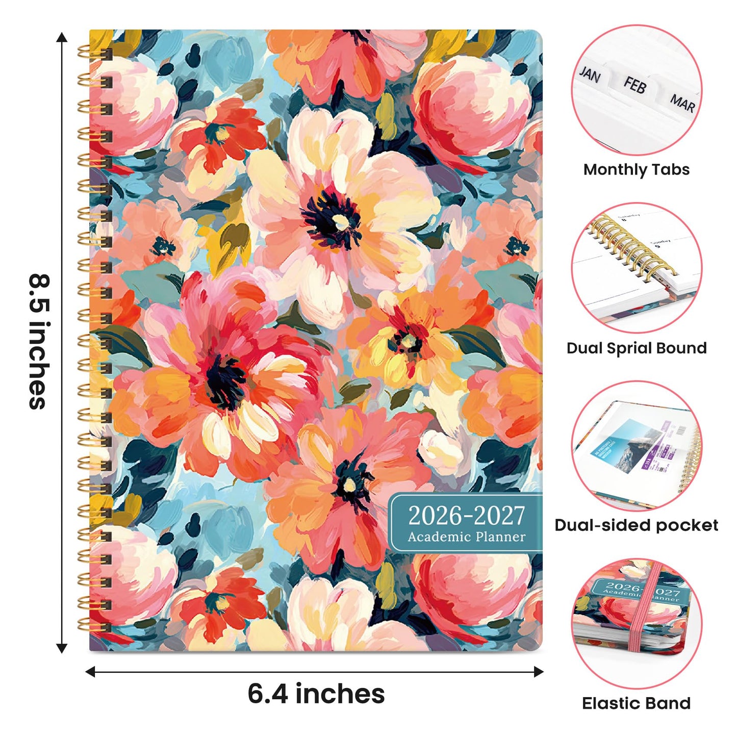 Academic Planner 2026-2027, Weekly and Monthly Calendar Book, July 2026 – June 2027, Hardcover Planner with Tabs, Perfect for Teachers, Students, Women & Men, A5 (6.4" x 8.5") - Pastel Garden