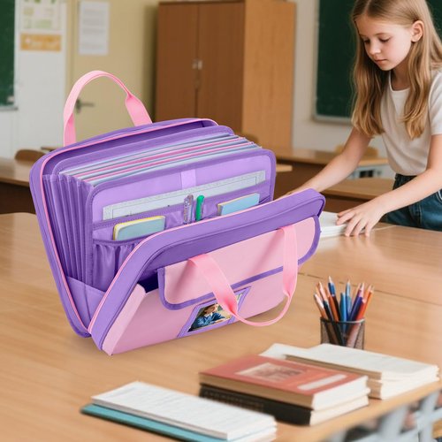 GRAOSO Zipper Document Bag for Boys and Girls, 9 Expandable Folders, Baby Portfolio Organizer Case with Customized Photo and Name Areas, Pink