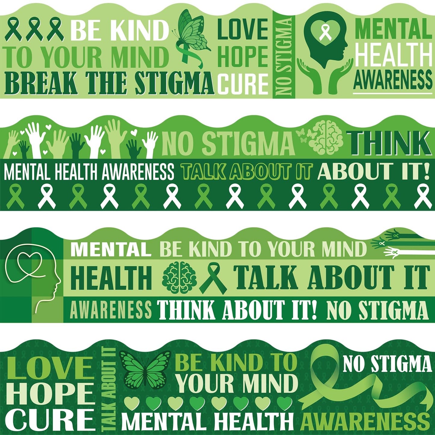 Funrous 79 ft Mental Health Bulletin Board Borders 80 Pcs Green Ribbon Mental Health Awareness Month Border Trim Inspirational Decorative Stickers for Back to School Office Chalkboard Wall Decor