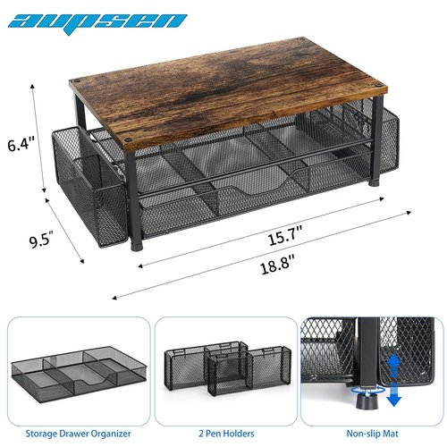 Wood Desk Organizers and Accessories, 2-Tier Computer Monitor Stand with Drawer, Pen Storage & Tablet Phone Holder, Office Desk Accessories, Workspace Desktop Organization for Office Supplies（Brown）