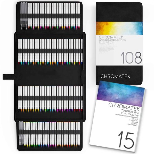 CHROMATEK 108 Watercolor Pens Set | Including 15 Page Pad & Online Video Tutorial Series | 5 Aquapens & 100 Unique Colors | Real Brush Pens | Easily Blendable, Vivid and Smooth