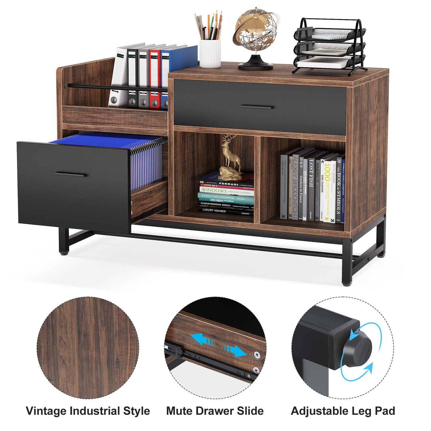 LITTLE TREE 39-Inch File Cabinet with 2 Drawers, Small Lateral Filing Cabinet Under Desk Storage, Wood Printer Stand with Open Storage Shelves for Home Office Organization