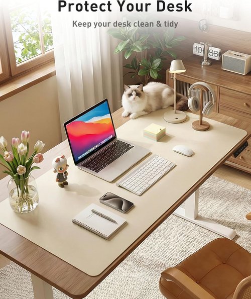Aothia Faux Leather Desk Mat - Large Non-Slip Mouse Pad with Waterproof Surface | Beige (63" x 17")