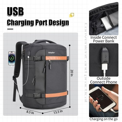 Velaybor 42L Travel Backpack with 4 Packing Cubes, TSA Friendly Flight Approved Carry-On Bag with USB Charging Port, Water-Resistant Weekender Business Backpack for Men Women, Fits 17.3" Laptop(Black)