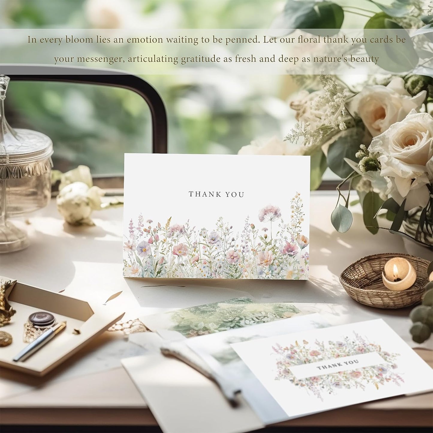 SLAPAFLIFE Floral Thank You Cards - 48-Pack 4x6 Inches with Envelopes & Stickers for Baby Showers, Weddings, Birthdays