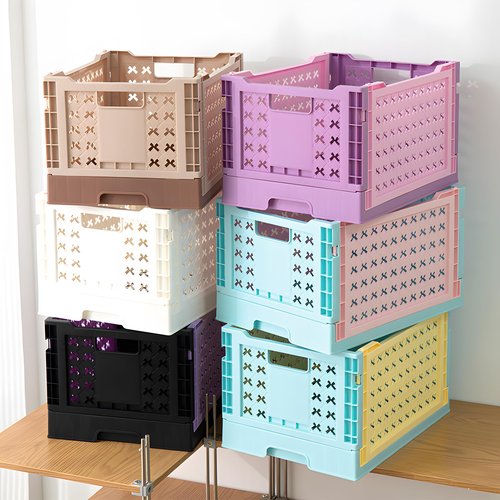 HOYA PONYOO 2-Pack Pastel Plastic Storage Crates, Foldable & Stackable Crates for Home, Office, Bathroom, 12 x 8.7 x 7 Inch Collapsible Organizers, White, Middle