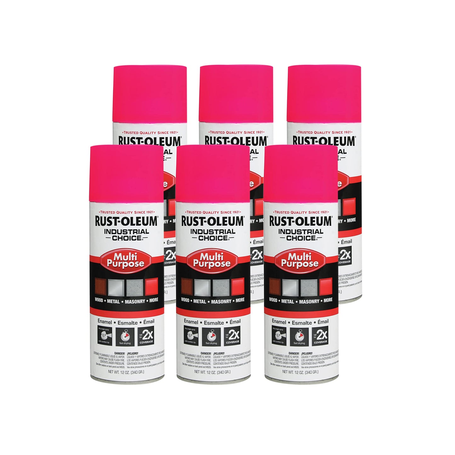 Rust-Oleum 1659830-6PK Industrial Choice 1600 System Multi-Purpose Spray Paint, 12 oz, Fluorescent Pink, 6 Pack