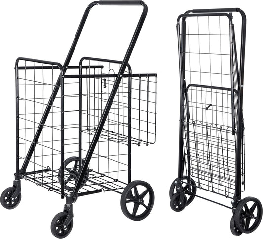 SUPER DEAL Folding Shopping Cart - Durable Wheels & Double Basket for Groceries, Black
