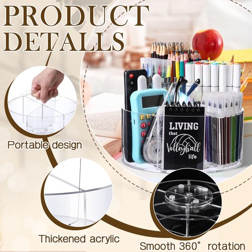 Sunnychicc 2 Pack Acrylic Pen Holder for Desk 360-Degree Rotating Pencil Holder Rotating Desk Organizer Acrylic Office Organizer with 6 Compartments Crayon Marker Pen Holder for Desk