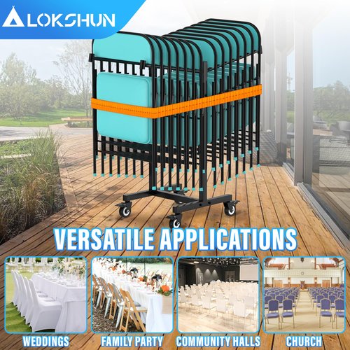 Lokshun Folding Chair Rack,Chair Cart with 14 Chairs Capacity,Sturdy Metal Chairs Storage Rack,Space-Saving Dolly with 4 Lockable Wheels & Strap,Large Storage Holder for Party,Office,Home