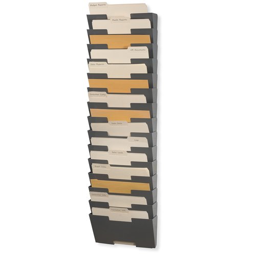 Wallniture Lisbon 15-Tier Wall Mounted File Holder and Desk Organizer, Metal Gray Office Organization and Storage Rack