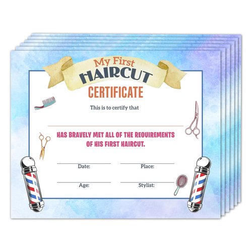 First Haircut Certificate, Comb Scissors First Haircut Keepsake Award Gifts for Kids Baby, 1st Hair Cut Souvenir Milestone Marker Supplies, 25 Pack Achievement Certificates of Recognition, 30