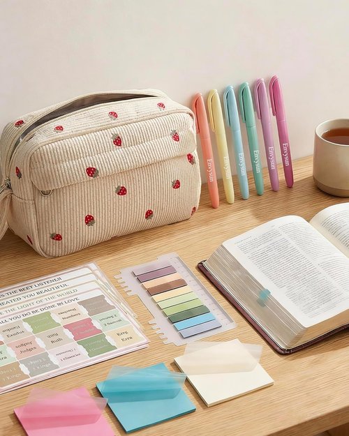 Regine Switzerland Bible Study Journaling Kit for Women - No Bleed Highlighters, Tabs & Pen Case - Ideal Starter Gift for Daily Devotion (Beige Strawberry)