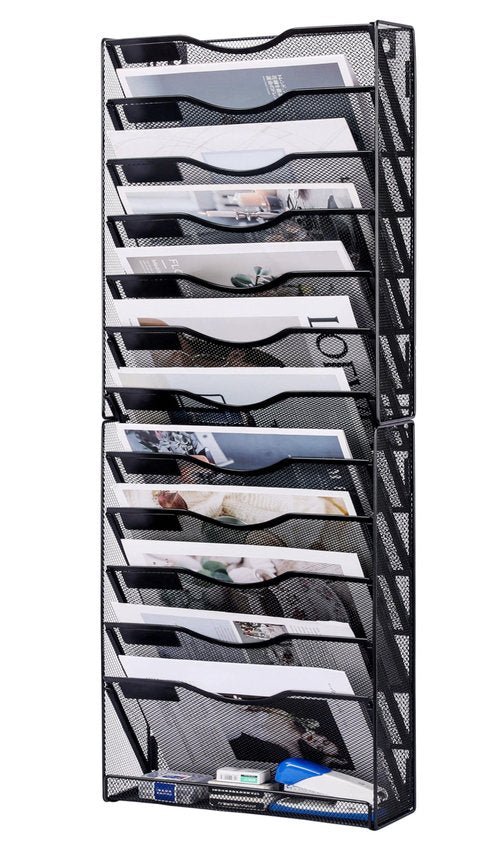 Solinxe 12-Tier Wall File Organizer, Mesh Mail Organizer Wall Mounted Paper Document Holder, Vertical Magazine Rack, Metal Hanging Clipboard Storage Basket for Office Home School Organization, Black