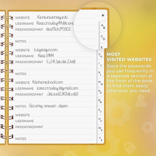 Clever Fox Password Book Spiral – Internet Address & Password Organizer with Laminated Alphabetical Tabs – Password Keeper Journal – Hardcover, Medium Size, 6.1x7.7” (Amber Yellow)