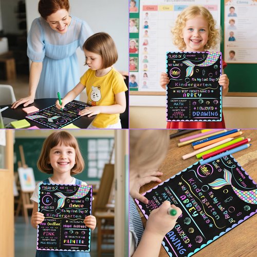 First & Last Day of School Chalkboard 10 x 12 Inch Double Sided Back to School Sign for Kids/Girls/Boys Washable Chalkboard Signs for Kindergarten & Pre-K Mermaid