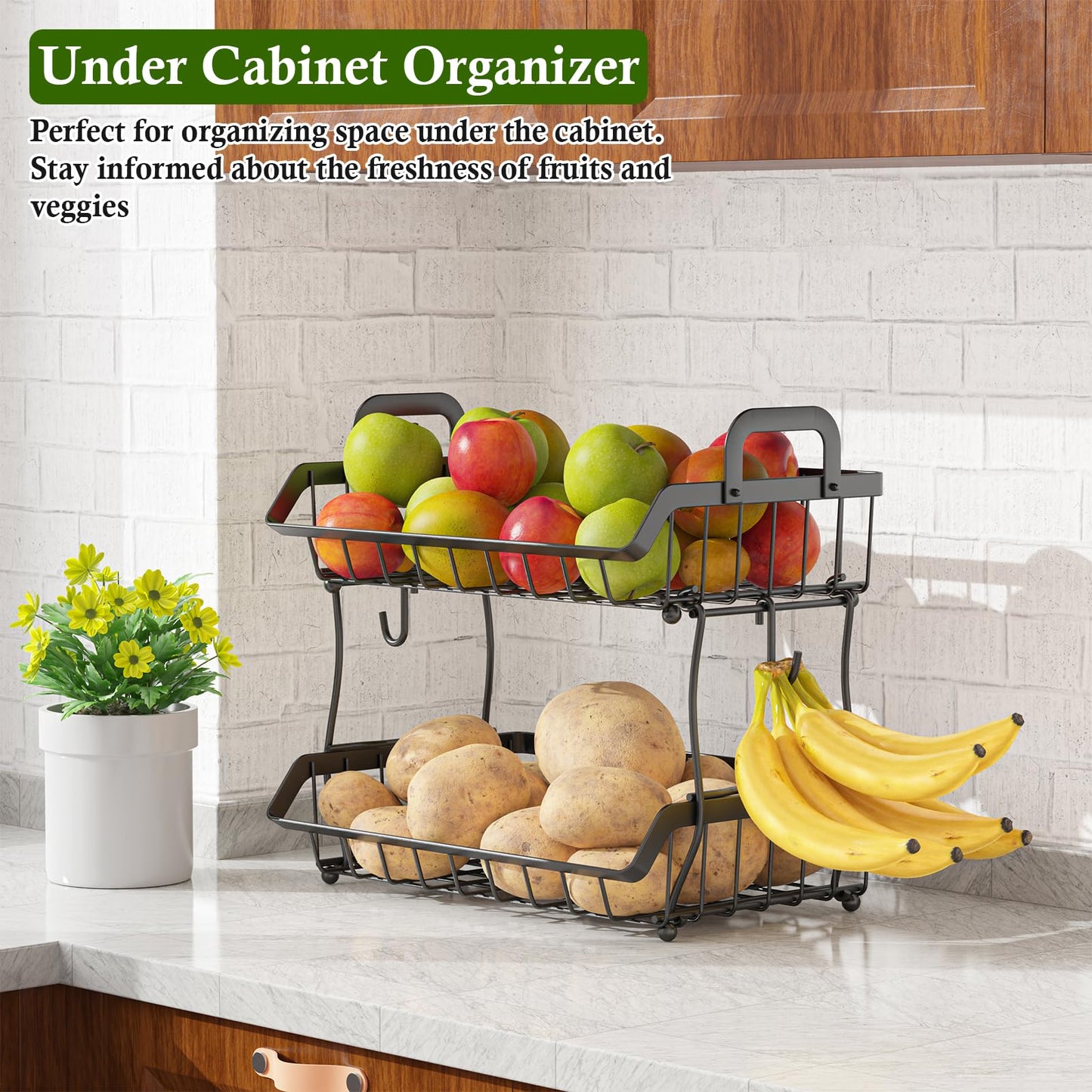 OKZEST 2-Tier Fruit Basket for Kitchen Counter with 2 Banana Hangers, Hanging Fruit Storage Basket Stand, Metal Fruit Organizer Bowl with Handles for Storage Potato Onion Bread Snack Vegetable