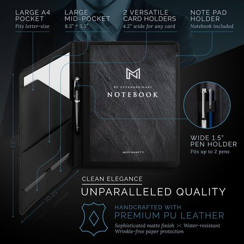NERO MANETTI Leather Portfolio Folder - Professional PU Leather Notepad Holder for Resumes | Executive Padfolio for Men & Women