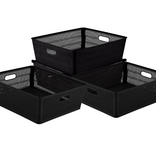 Simplify 4Pk Shallow Slide 2 Stack It Tote Basket | Storage & Organization | Open Bins with Stackable Capability | Bathroom | Crafts | Pantry | Playroom | Office | Black