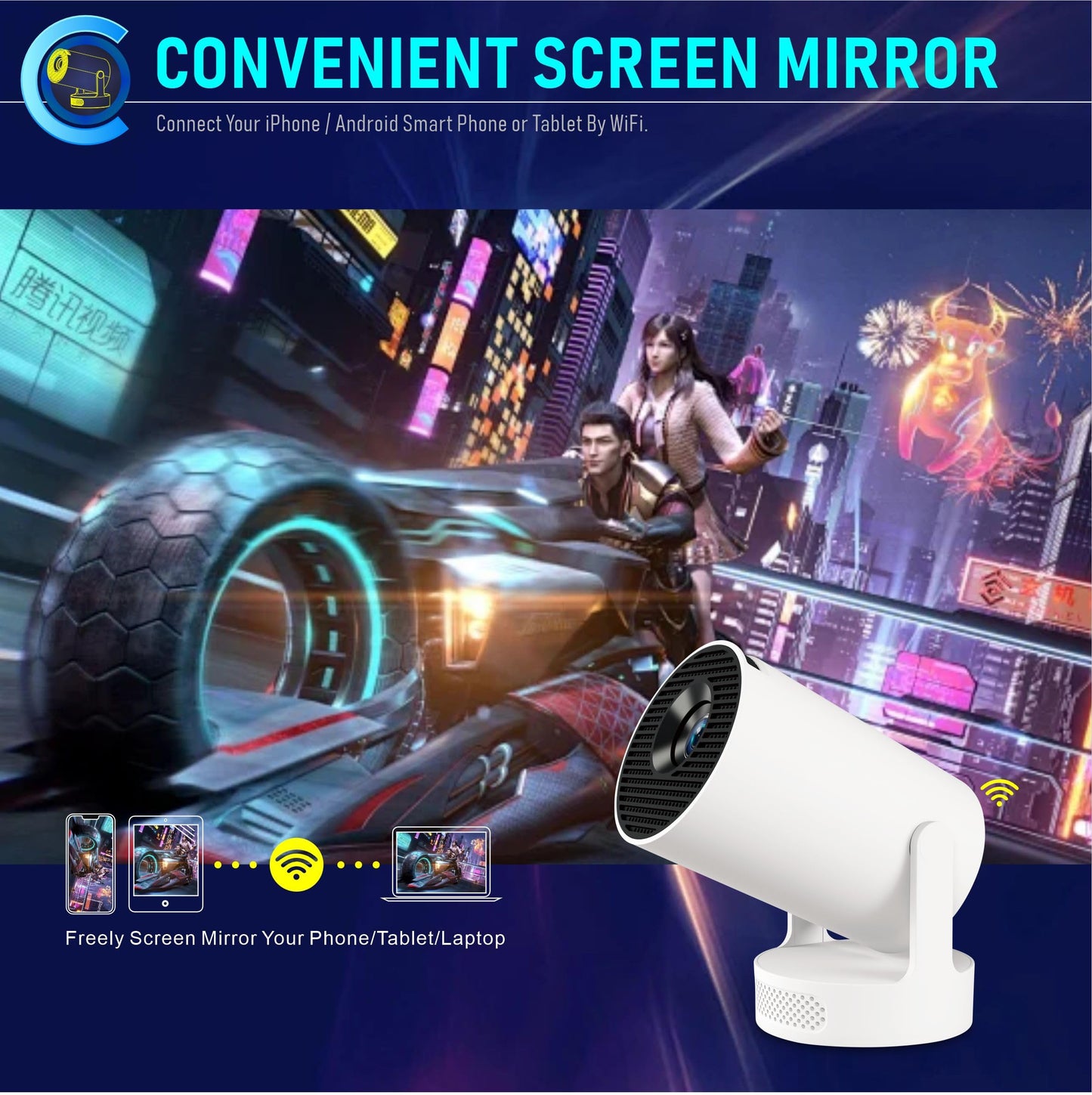 Mini Projector, HY300Ultra Portable Projector with WiFi 6 and Bluetooth 5.4, 4K Support,5W Soundbase Speaker, Android11.0, 180° Rotation, Compatible with TV Stick Smartphone HDMI