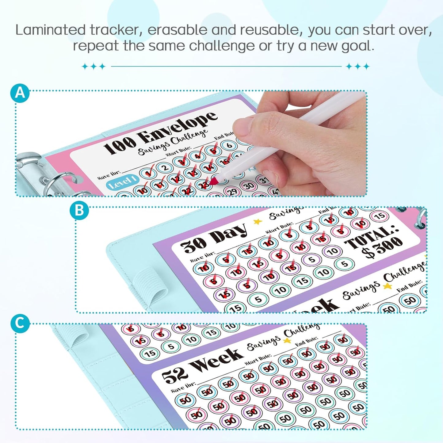 Sooez Money Saving Challenge Envelopes - 100 Pocket Savings Binder with Reusable Tracker & Flexible Goals