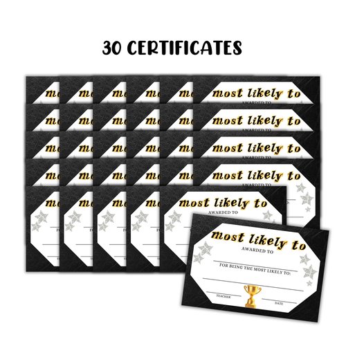 Most Likely To Certificate 30pk 6x9” Fill Out End of Year Awards Superlative Bulk Pack for Teachers Students in Classrooms Minimalist Professional Middle School