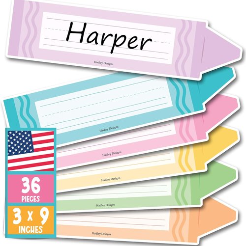 Hadley Designs Desk Name Tags - 36 Colorful Crayon Nametags for Classroom Decor | 9.5x2.5 Inches