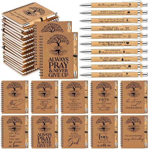 Kosiz 80 Pcs/40 Set Christian Gifts Bulk Religious Spiral Notebook with Bible Verse Pen Prayer Journal Inspirational Notepad for Men Women Church Friends Birthday Sunday School (English Tree of Life)