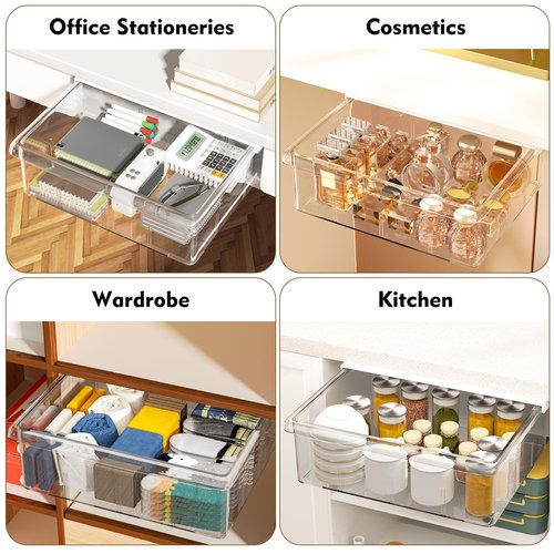 3 Pack Under Desk Drawer Organizer, Slide Out Desk Drawer, Clear Plastic Drawer Under for Office, School, Home, Hidden Desktop Organizer Pen Holder for Self-Adhesive (Clear, 3 Size)