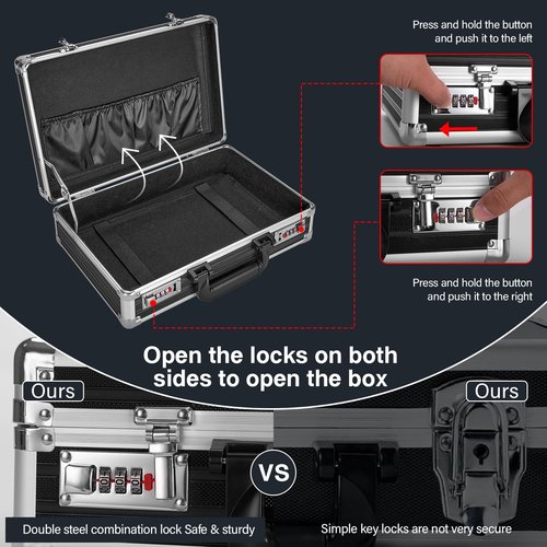 LOCKCURX File Organizer Storage Box - 14.2 x 9.4 x 4.5 Inch Medium, Portable Locking Storage Totes with Dual Combination Locks for Cash, Documents & Valuables - Black