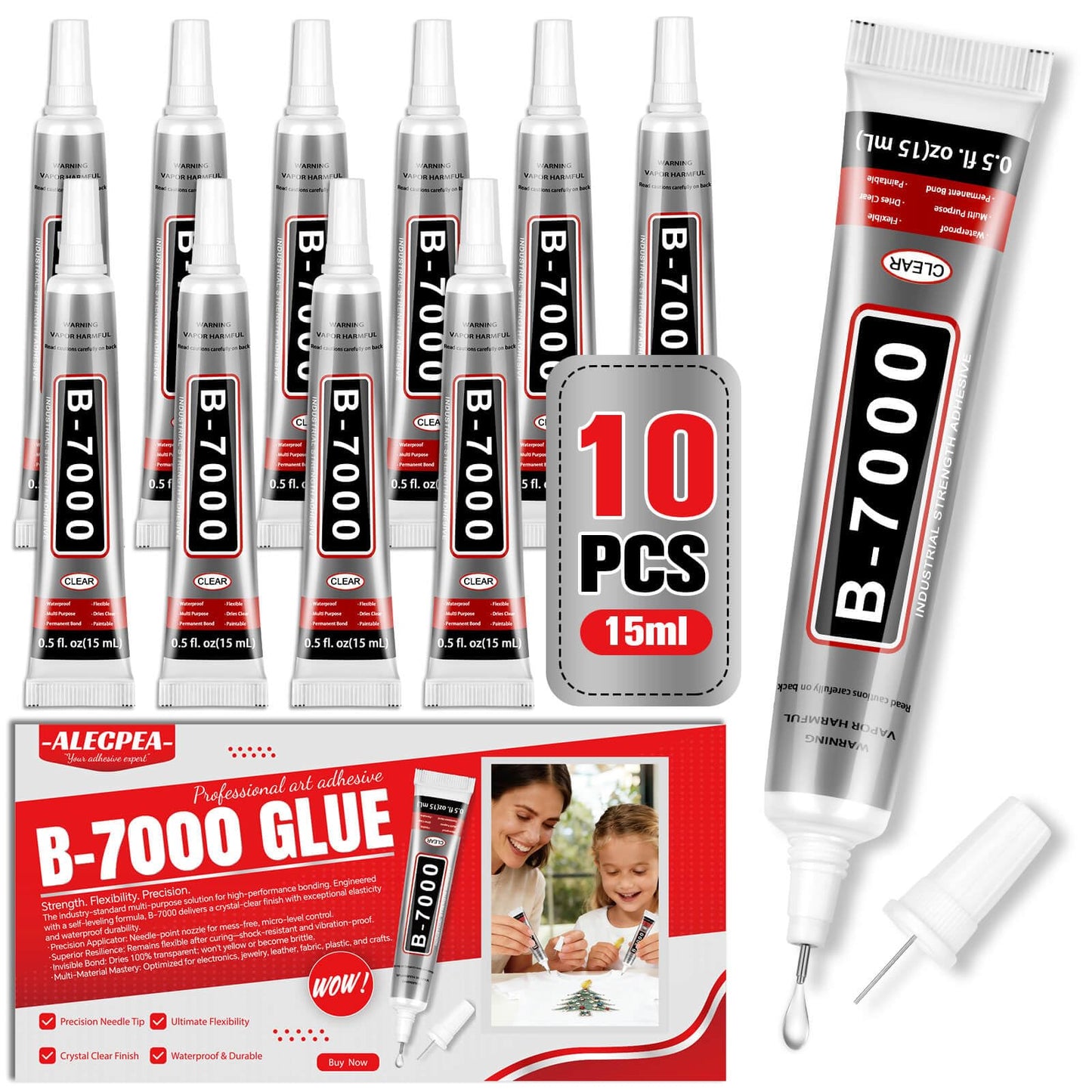 B-7000 Glue Clear with Precision Tip, 15ml 10 Pack Multi-Function Craft Adhesive, Waterproof Strong Bond Glue for Jewelry Making, Rhinestones, Bedazzling, Crafts, Shoes, Fabric, Phone Repair