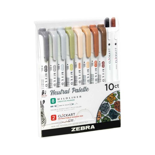 Zebra Pen Mildliner Double Ended Highlighter Set, Chisel and Bullet Point Tips & Neutral Palette Set, Includes 8 Mildliner Highlighters and 2 ClickArt Markers, Assorted